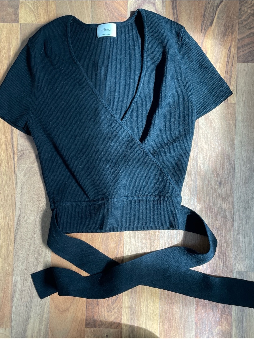 Wilfred Black Ribbed Wrap Crop Top with Waist Tie